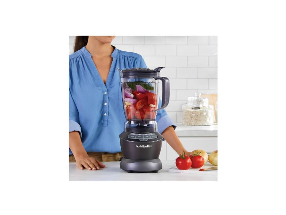 NutriBullet blender seven-piece set arranged for use