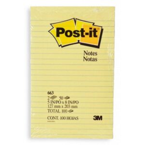 3M 663 Post it Notes – Ruled, 5″ x 8″, Yellow, 50 Sheets (2Pads/Pack)