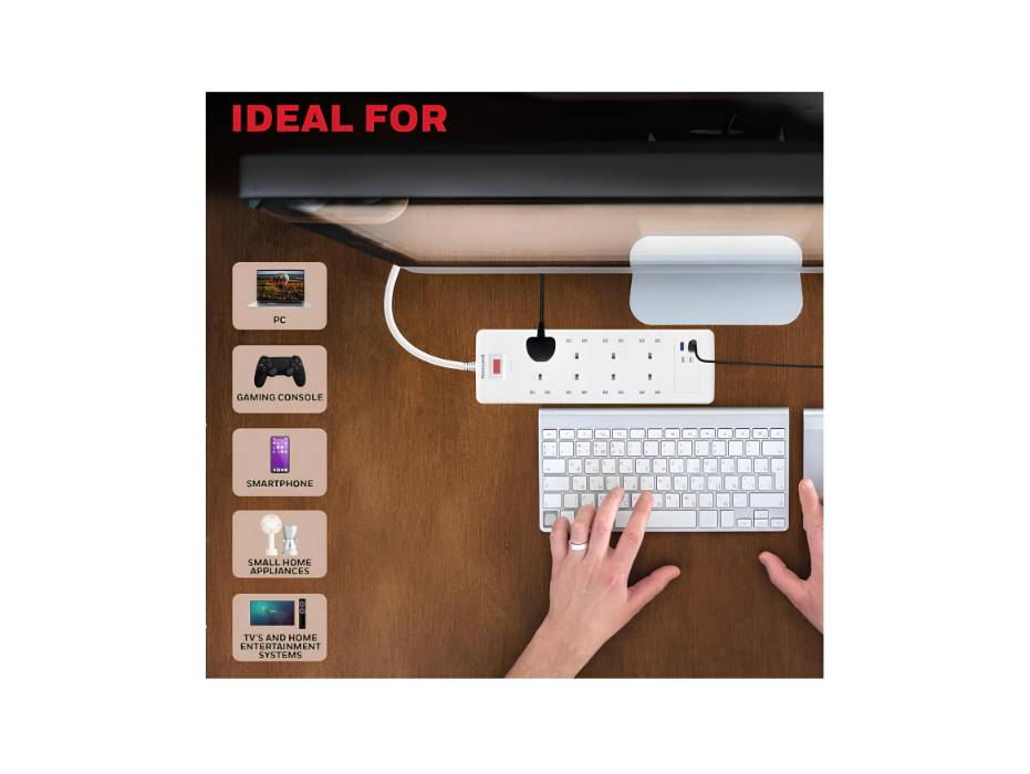 Honeywell 8-Outlet 1050J Surge Protector with USB in-use view