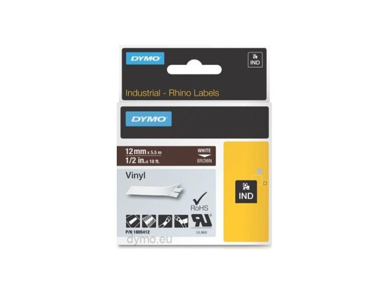 Dymo Rhino 1805412 Vinyl 12mm White on Brown Tape