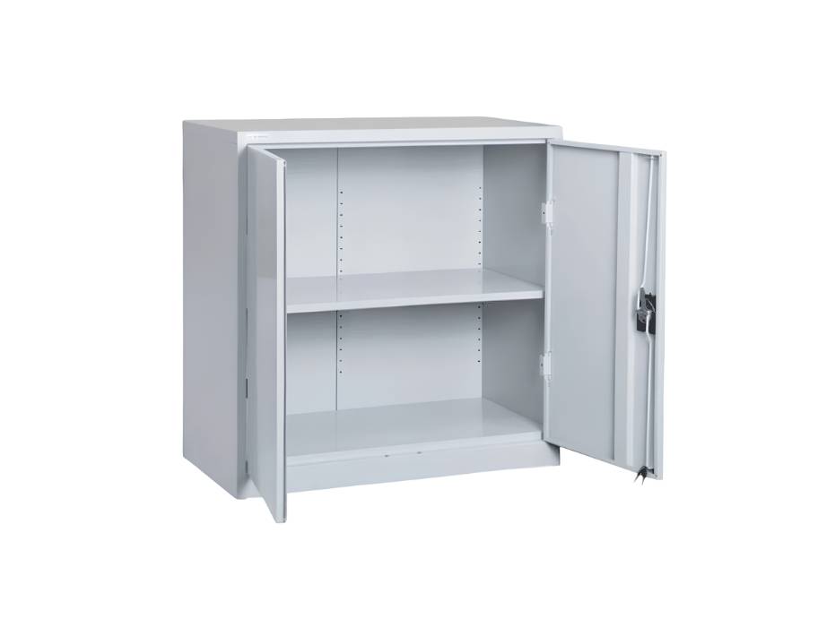 Hadid white swing-door cupboard open shelf view