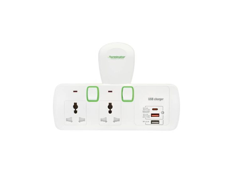 Terminator 2 Way Universal T Socket With 3USB (A & C Type), Individual Switch And Indicator TMA 2T-3UAC