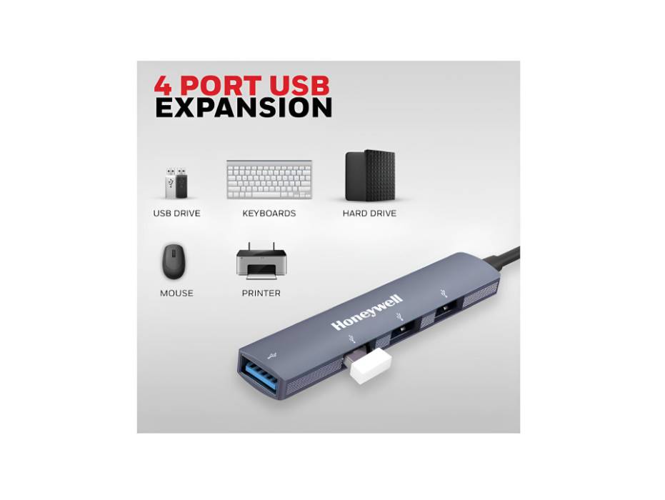 Honeywell 4-in-1 Ultra-Slim USB Hub, 30cm in-use view