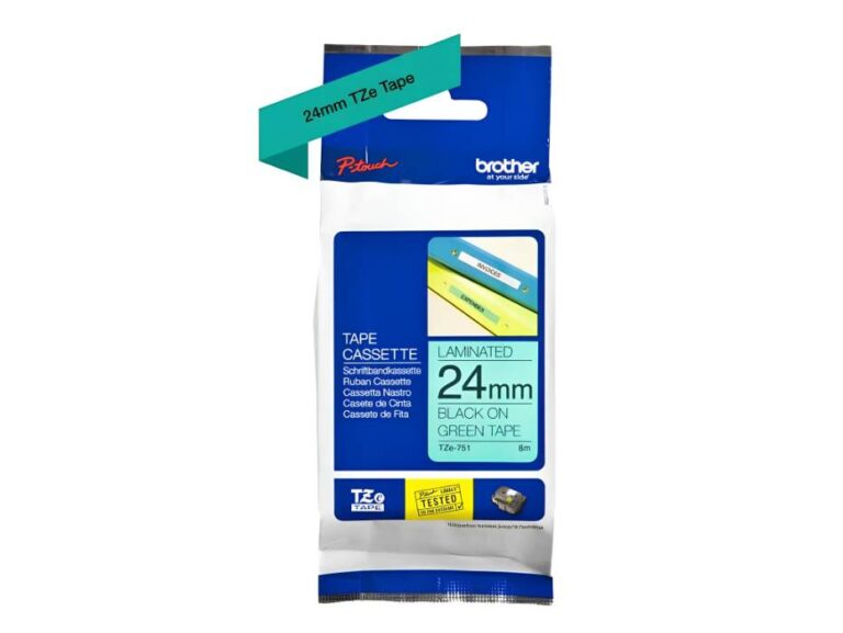Brother P-touch 24mm TZ-751 Laminated Tape, 8m, Black on Green