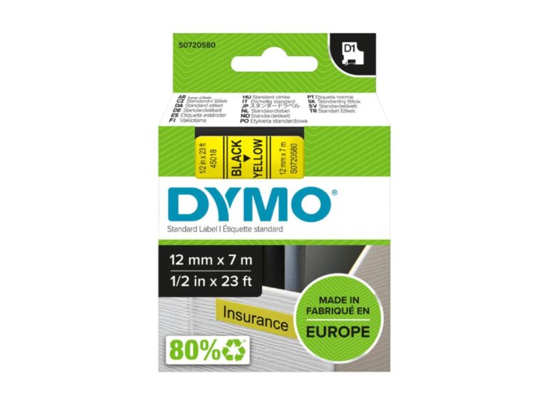 Dymo 45018, D1 Tape,12mm x 7m, Black on Yellow