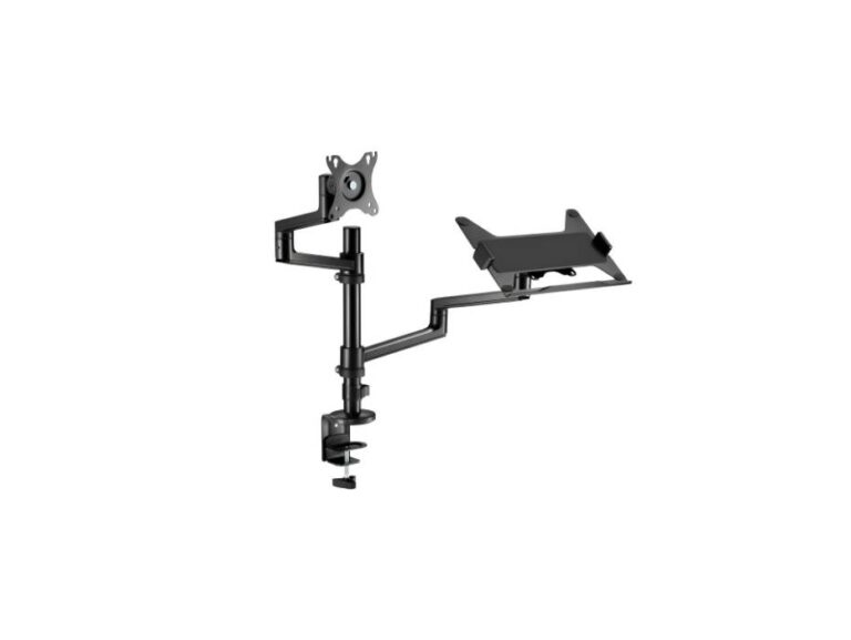 Navodesk Control Monitor Arm Model L with Laptop Tray – Dual Monitor Stand for 17″ to 32″ Screens & 11.6″ to 17.3″ Laptops – Ergonomic and Space-Saving Design, Black