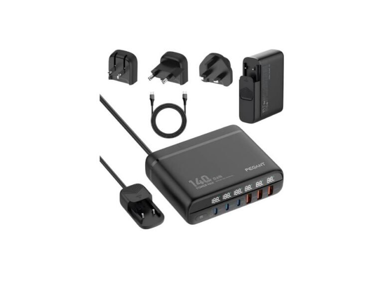 PEGANT 140W 6 Port GaN Desktop & Wall Charger UK/EU/US Plugs, 3 USB-C PD3.0, 3 USB QC5.0, Fast Charging Station Dock Hub, 1.5 M