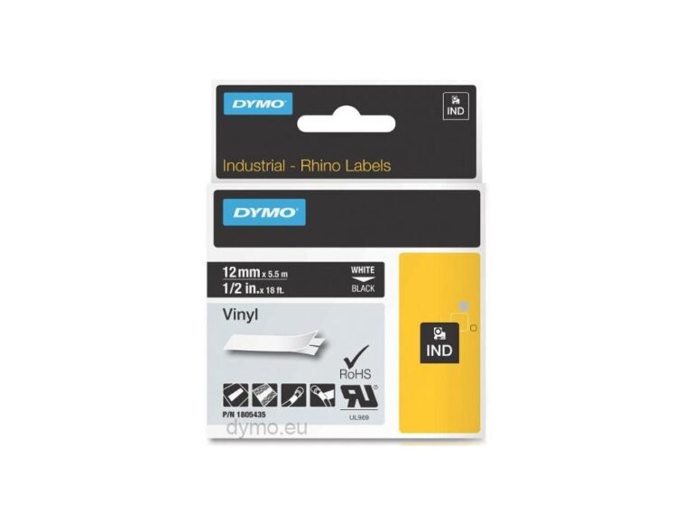 Dymo Rhino 1805435 Vinyl 12mm White on Black Tape