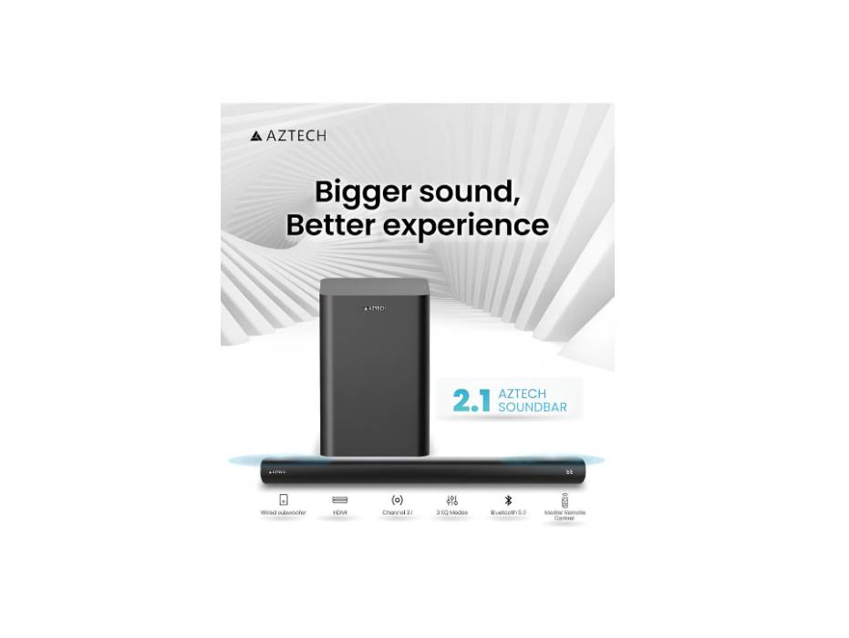 AZTECH 201 soundbar and wired subwoofer angle view