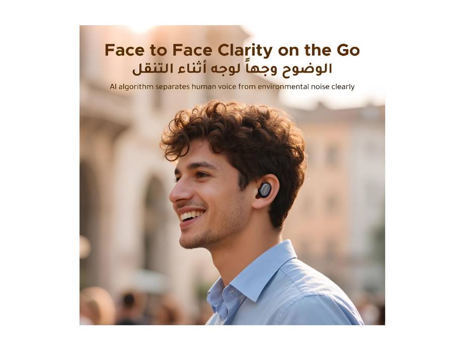 UGREEN Dots earbuds worn for a compatible Bluetooth call