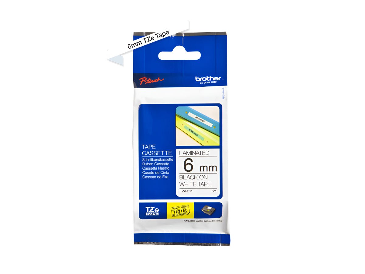 Brother P-touch 6mm TZ-211 Laminated Tape, 8m, Black on White - Image 1