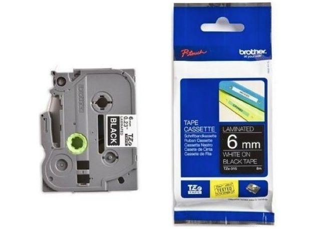 Brother P-touch 6mm TZe-315 Laminated Tape, 8 m, White on Black