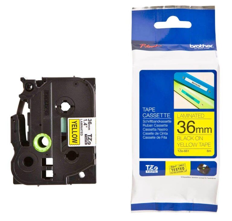 Brother P-touch 36mm TZ-661 Laminated Tape, 8 m, Black on Yellow