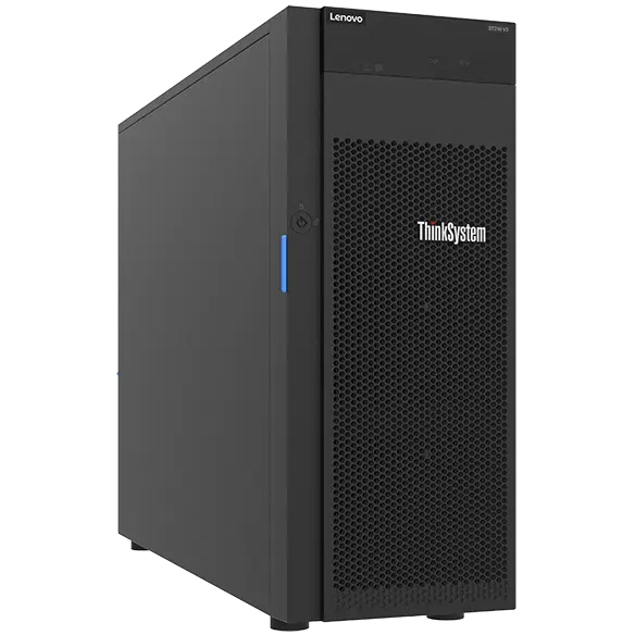 Lenovo ThinkSystem ST250 V3 tower chassis shown with optional front security bezel; internal configuration varies.