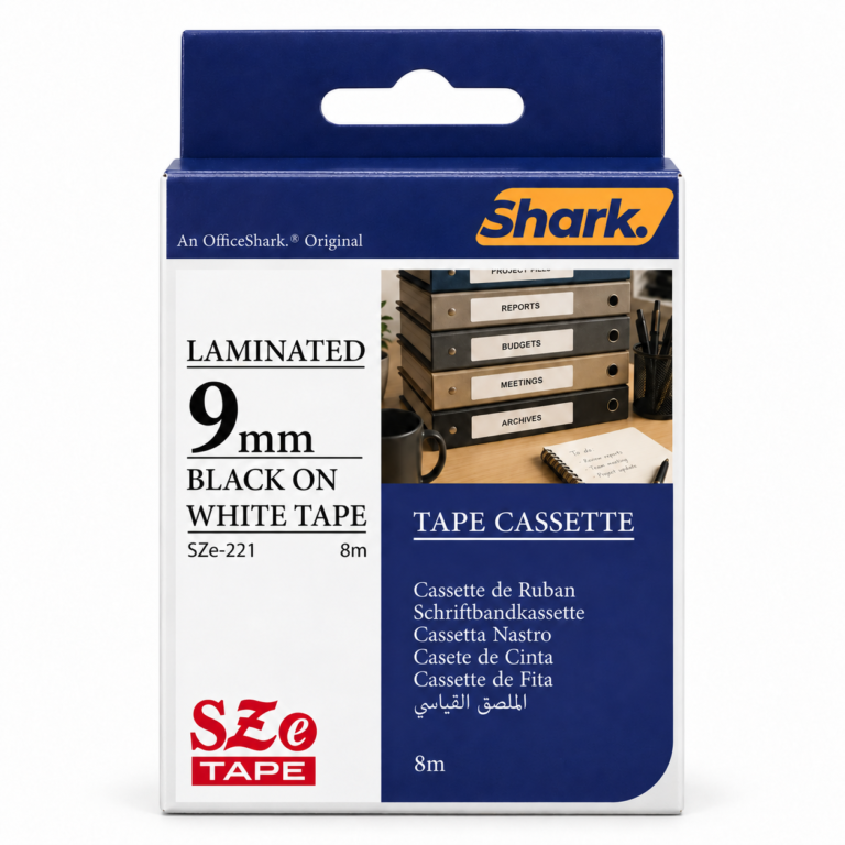 Shark Original Tape SZE-221, 9mm × 8m, Black on White