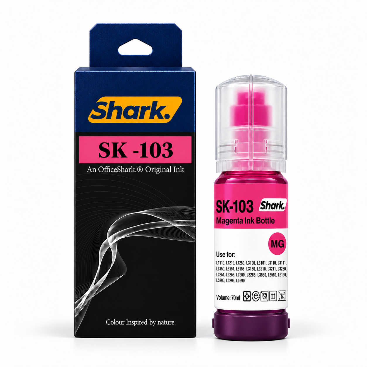 Product mockup: Shark SK-103M magenta 70 ml ink box and bottle