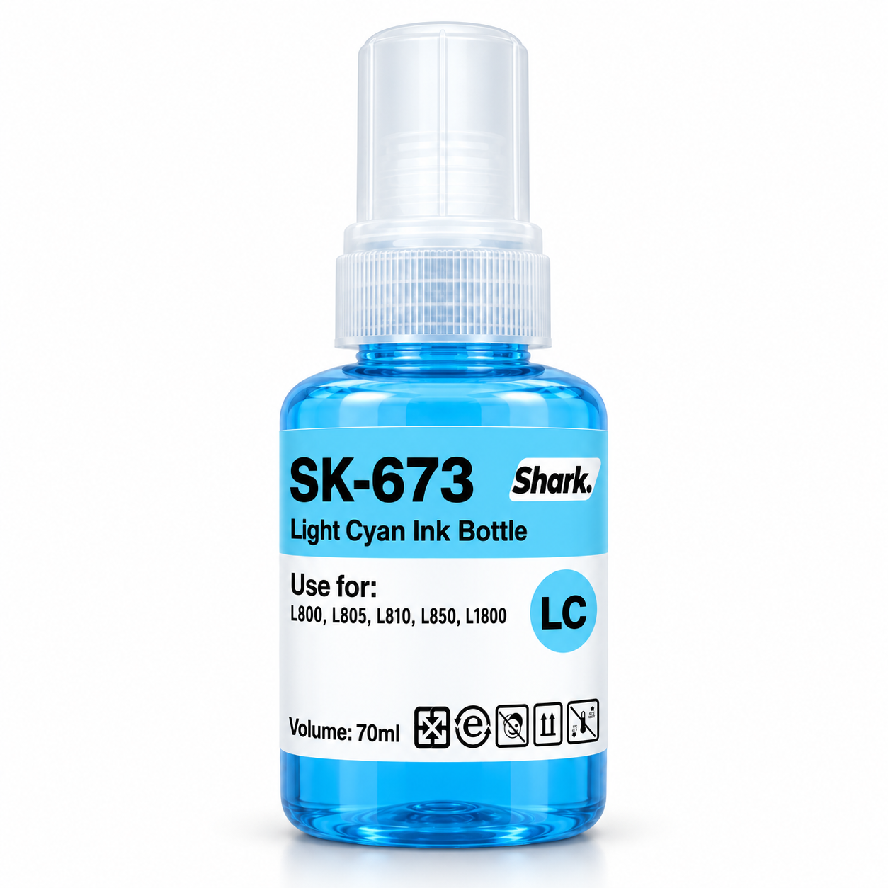 Product mockup: Shark SK-673LC light cyan 70 ml ink bottle
