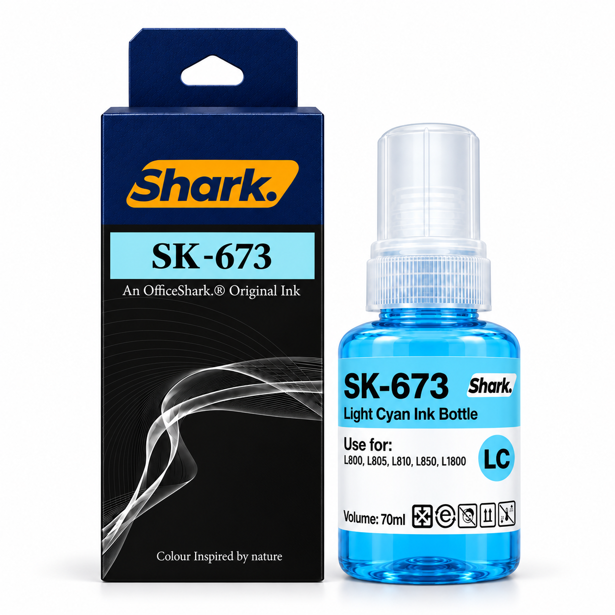Product mockup: Shark SK-673LC light cyan 70 ml ink box and bottle