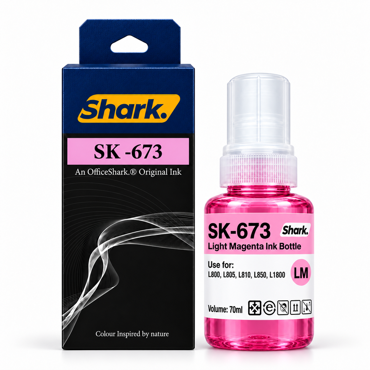 Product mockup: Shark SK-673LM light magenta 70 ml ink box and bottle