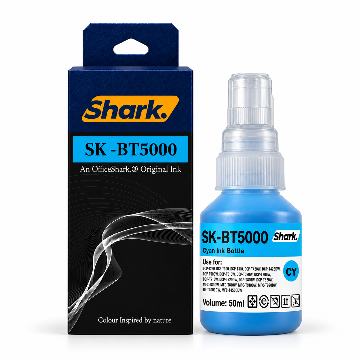 Product mockup: Shark SK-BT5000C cyan 50 ml ink box and bottle