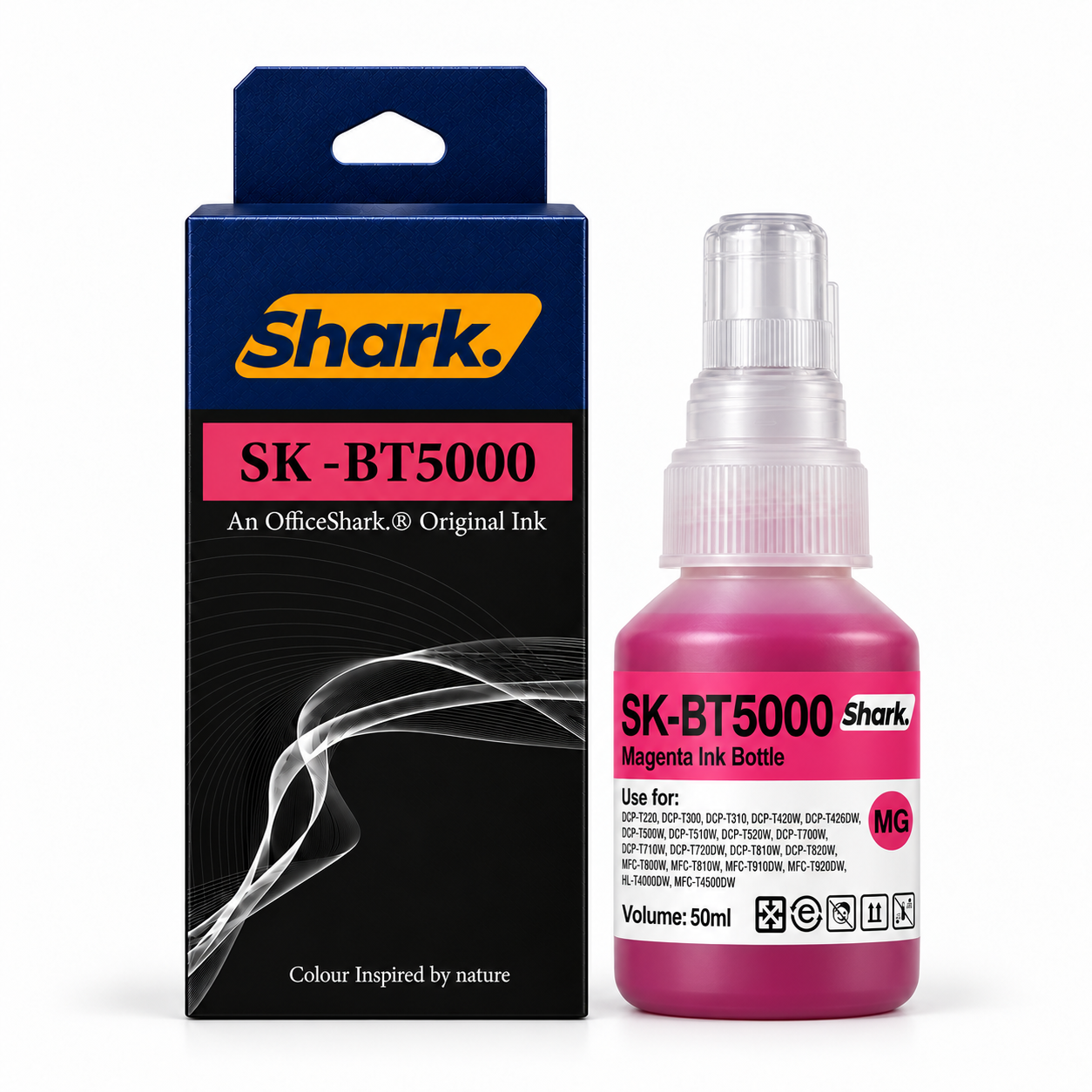 Product mockup: Shark SK-BT5000M magenta 50 ml ink box and bottle