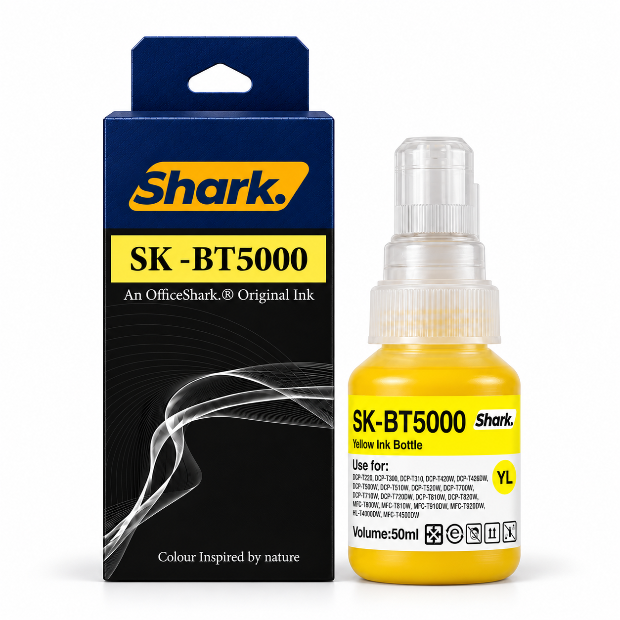Product mockup: Shark SK-BT5000Y yellow 50 ml ink box and bottle