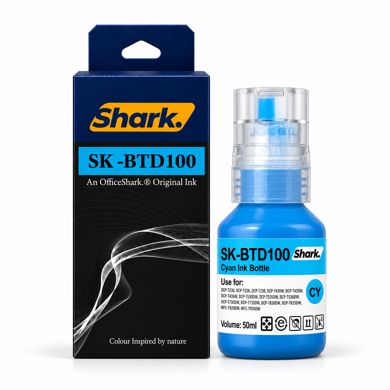 Product mockup: Shark SK-BTD100C cyan 50 ml ink box and bottle