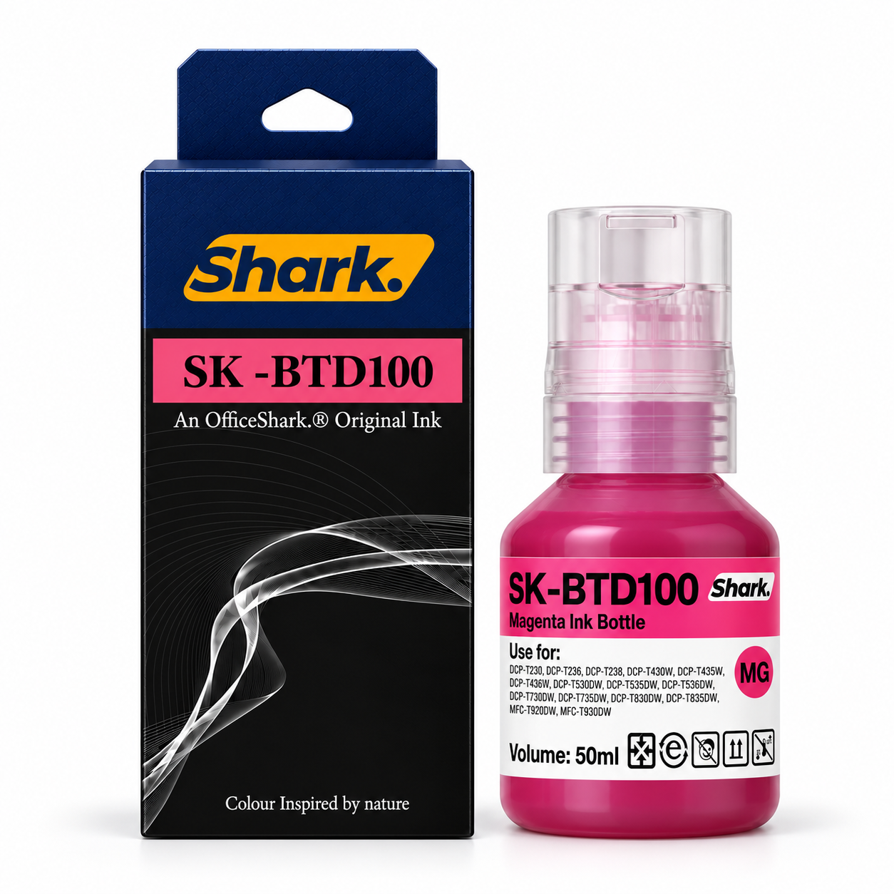 Product mockup: Shark SK-BTD100M magenta 50 ml ink box and bottle