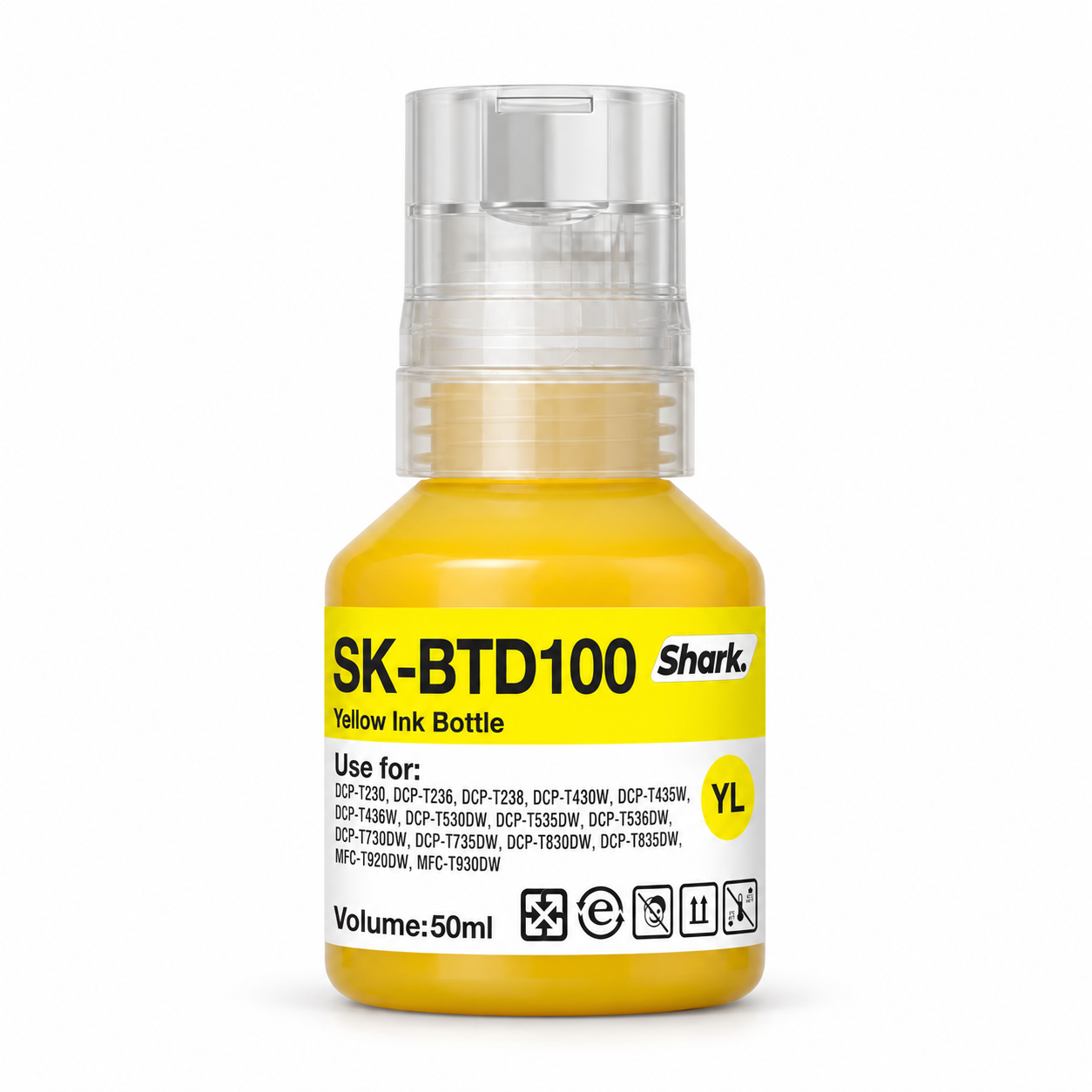 Product mockup: Shark SK-BTD100Y yellow 50 ml ink bottle