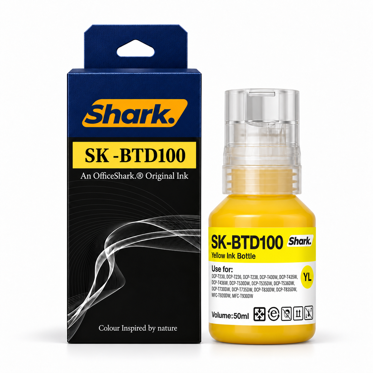 Product mockup: Shark SK-BTD100Y yellow 50 ml ink box and bottle