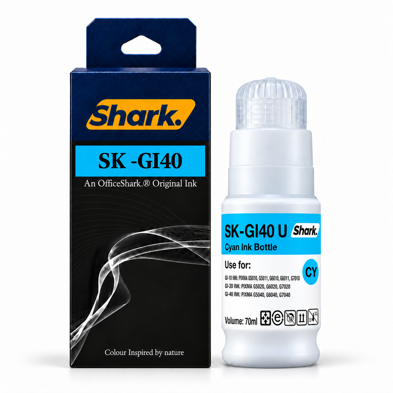Product mockup: Shark SK-GI40UC cyan 70 ml ink box and bottle