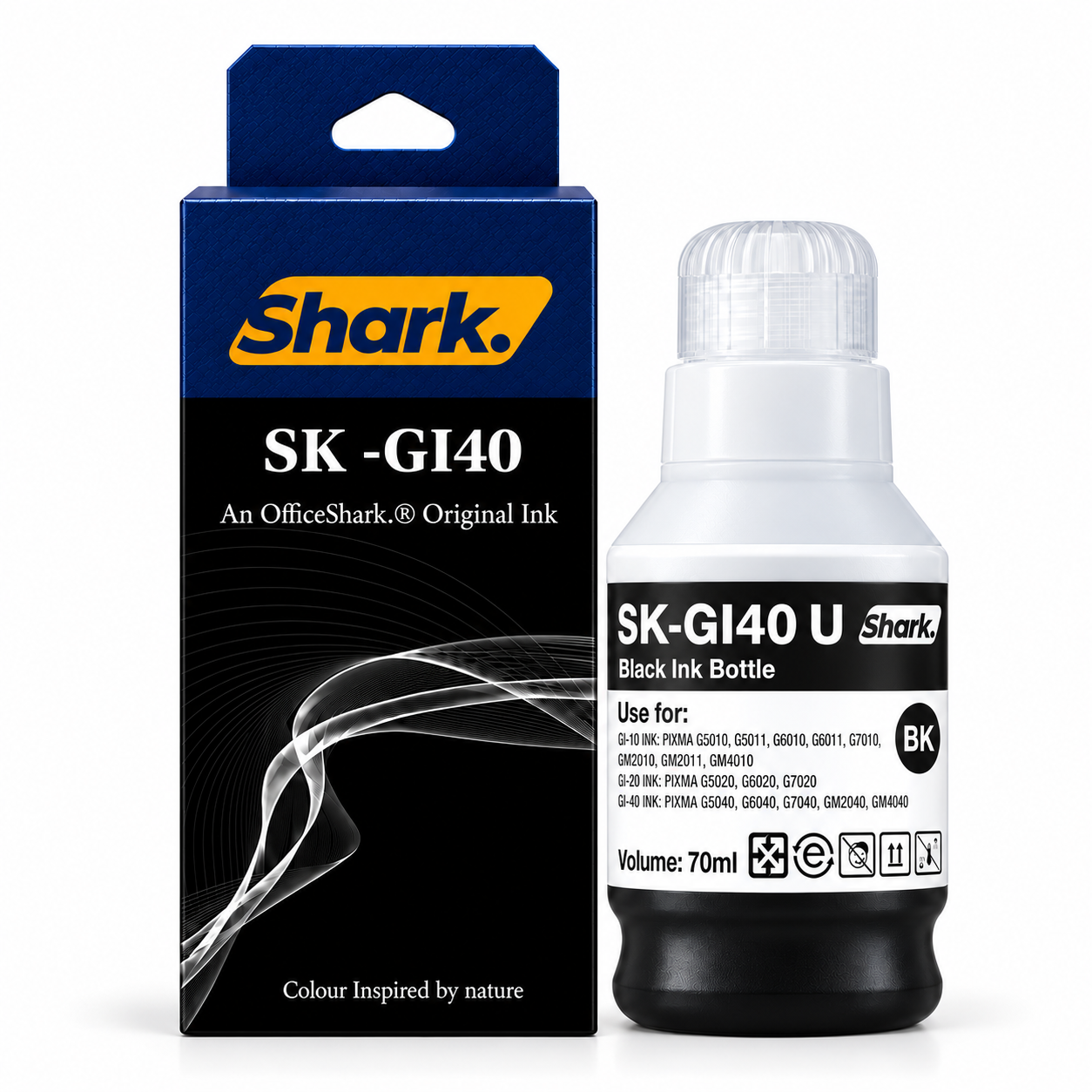 Product mockup: Shark SK-GI40UK black 70 ml ink box and bottle