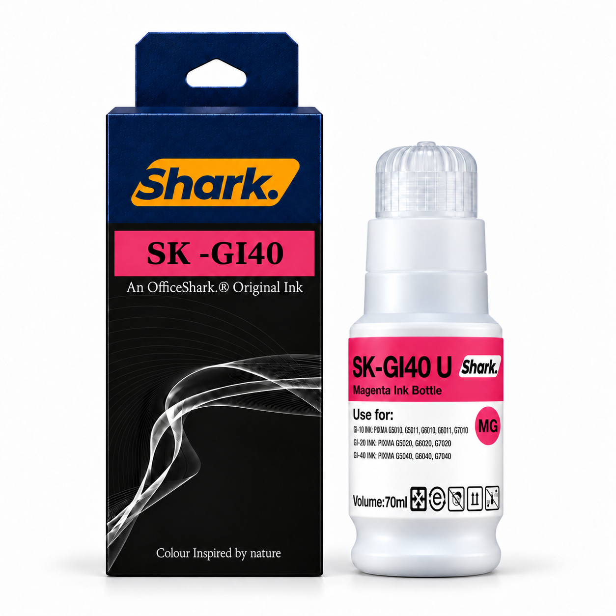 Product mockup: Shark SK-GI40UM magenta 70 ml ink box and bottle