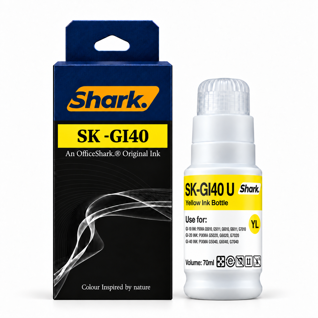 Product mockup: Shark SK-GI40UY yellow 70 ml ink box and bottle
