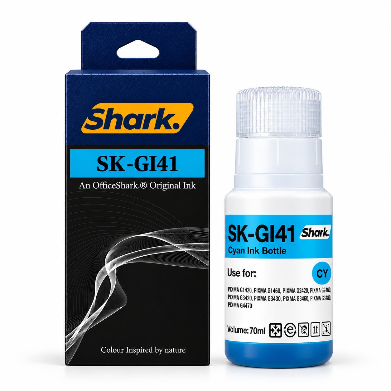 Product mockup: Shark SK-GI41C cyan 70 ml ink box and bottle