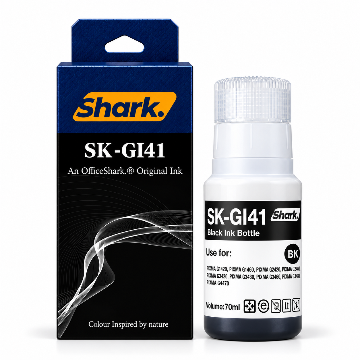 Product mockup: Shark SK-GI41K black 70 ml ink box and bottle