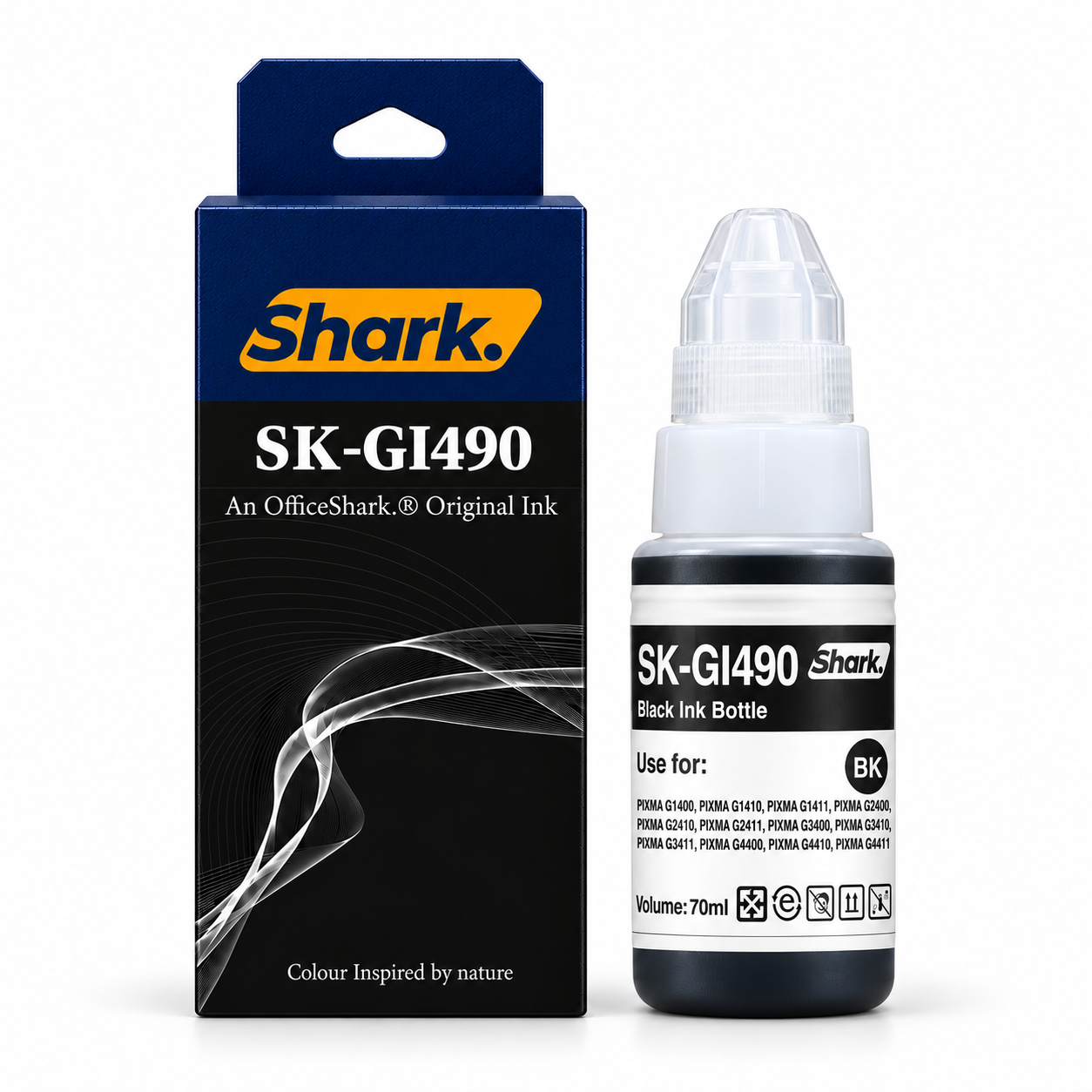 Product mockup: Shark SK-GI490K black 70 ml ink box and bottle