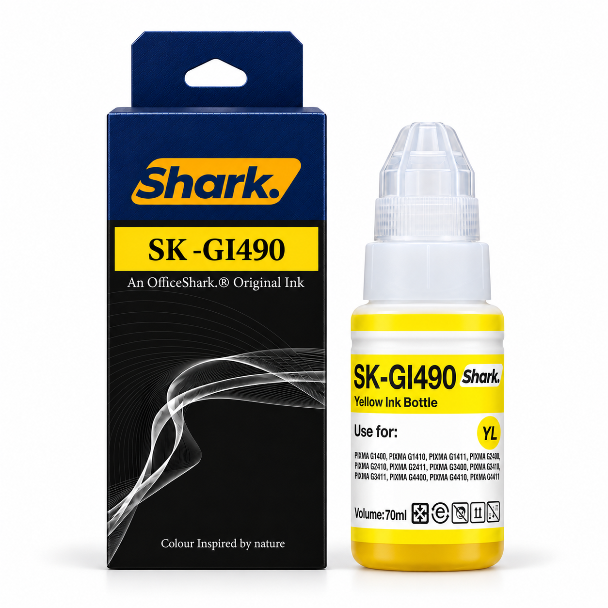 Product mockup: Shark SK-GI490Y yellow 70 ml ink box and bottle