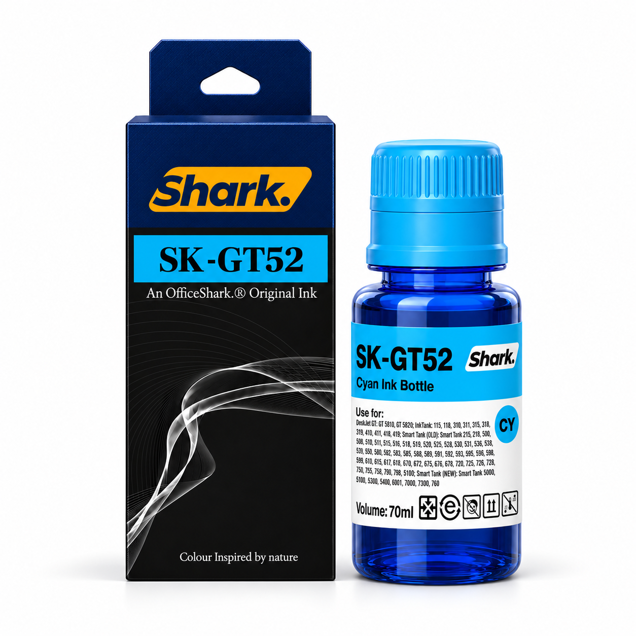 Product mockup: Shark SK-GT52C cyan 70 ml ink box and bottle