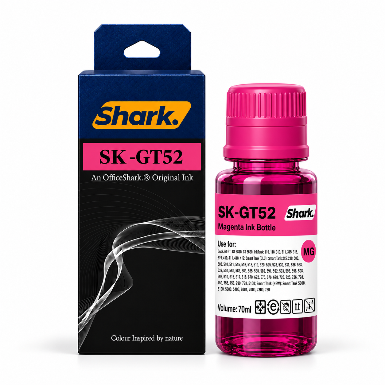 Product mockup: Shark SK-GT52M magenta 70 ml ink box and bottle