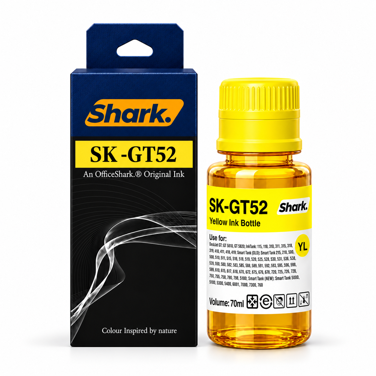 Product mockup: Shark SK-GT52Y yellow 70 ml ink box and bottle