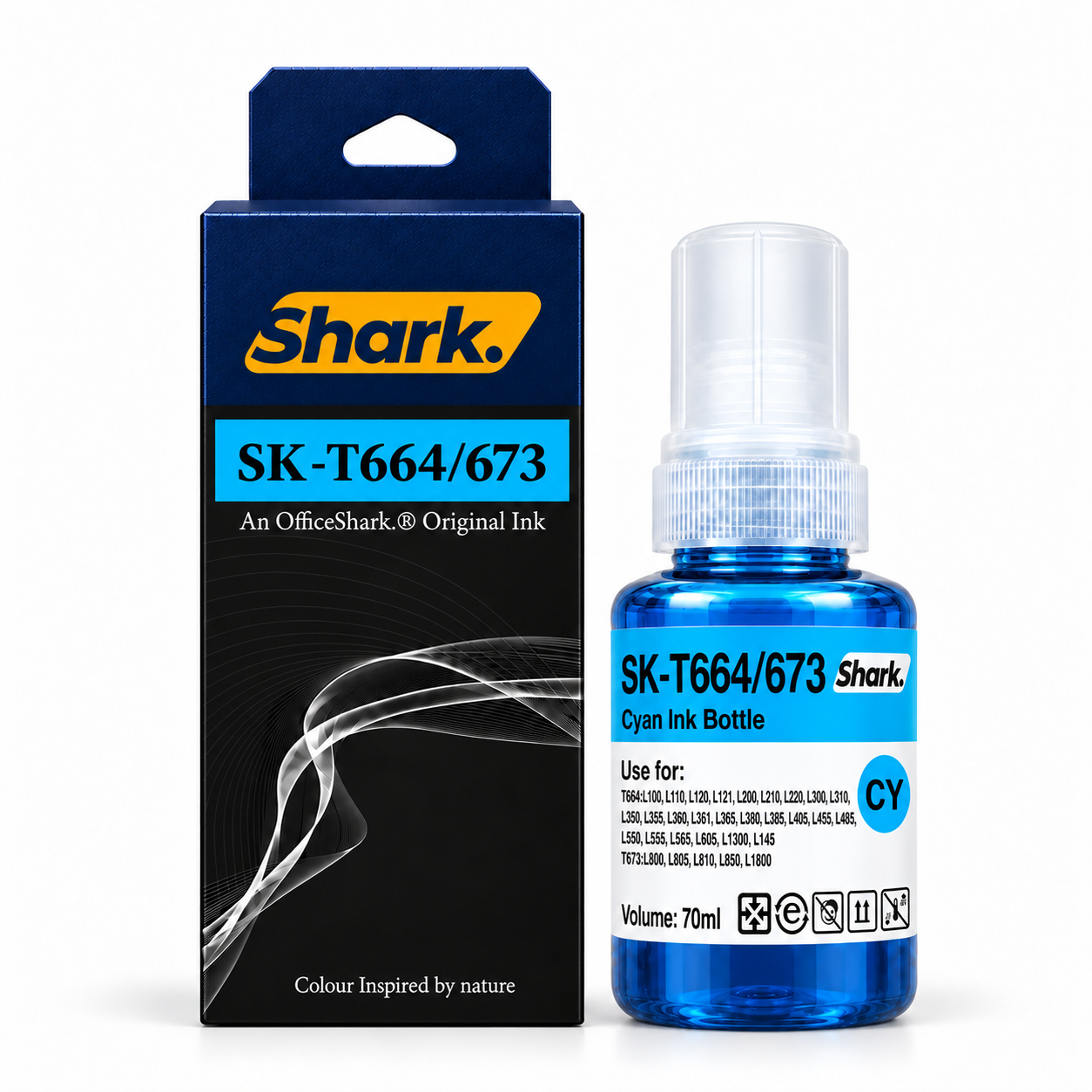 Product mockup: Shark SK-T664UC cyan 70 ml ink box and bottle