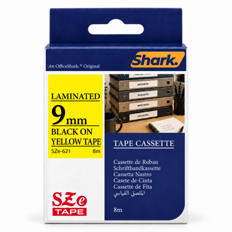 Shark Original Tape SZE-621, 9mm × 8m, Black on Yellow