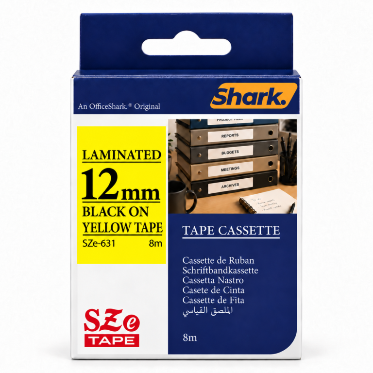 Shark Original Tape SZE-631, 12mm × 8m, Black on Yellow