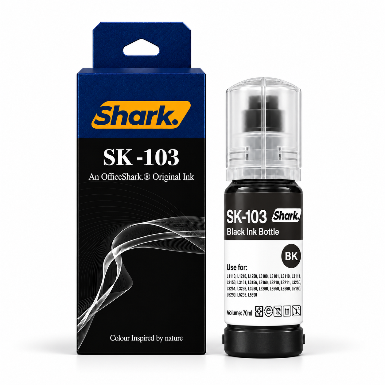 Product mockup: Shark SK-103K black 70 ml ink box and bottle