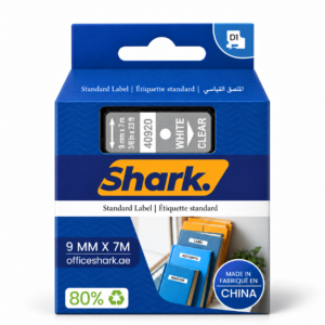 Shark Original D1 Label Tape 40920, 9mm × 7m, White on Clear