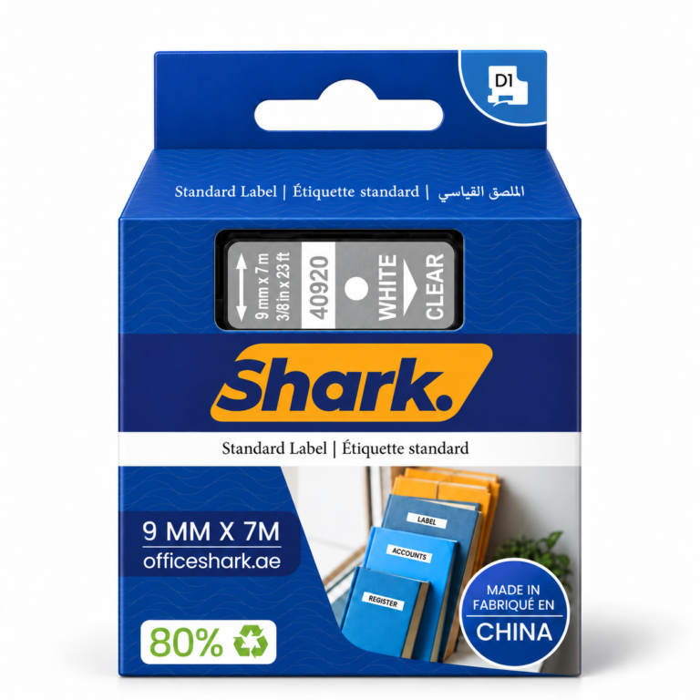 Shark Original D1 Label Tape 40920, 9mm × 7m, White on Clear