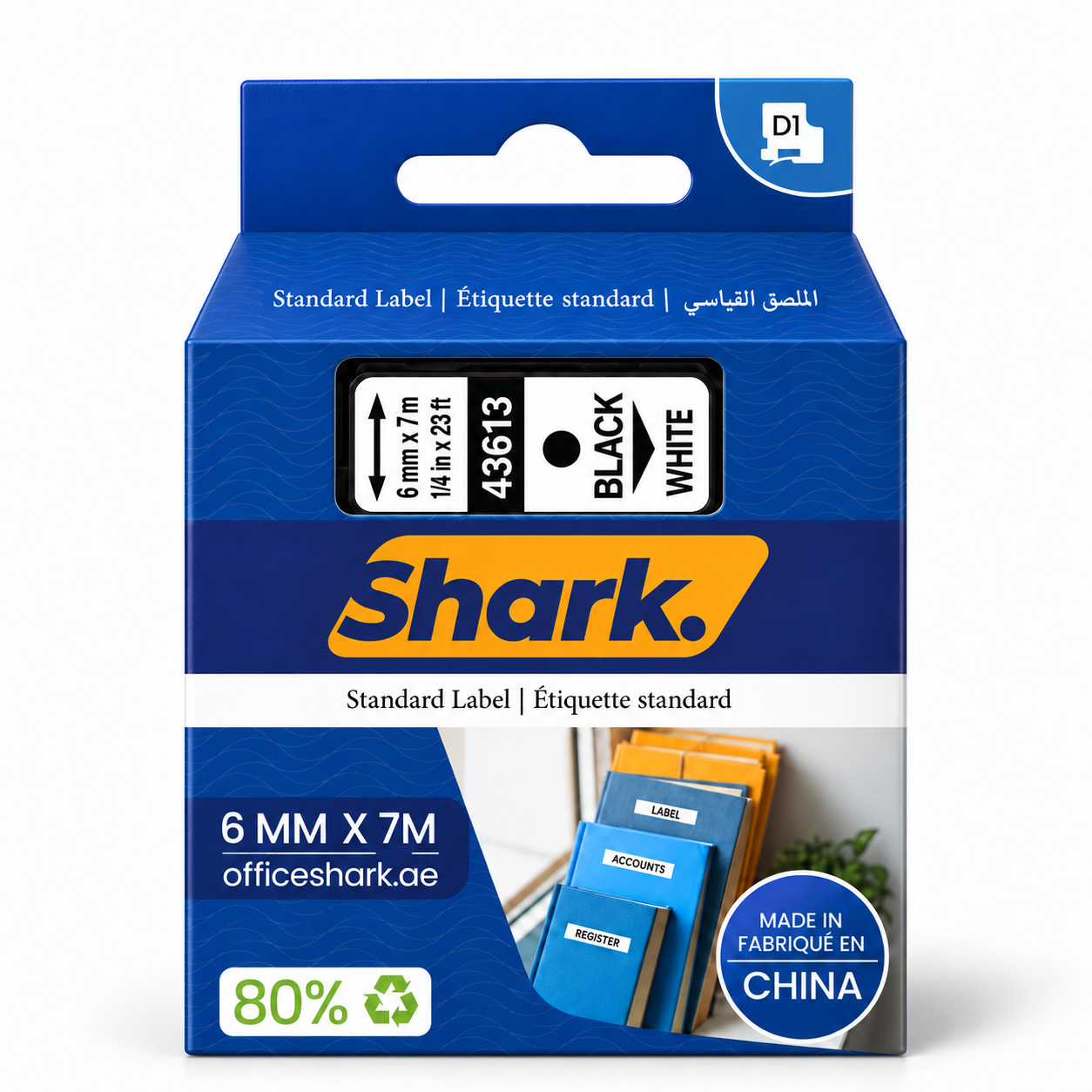 Shark Original D1 Label Tape 43613, 6mm × 7m, Black on White retail pack
