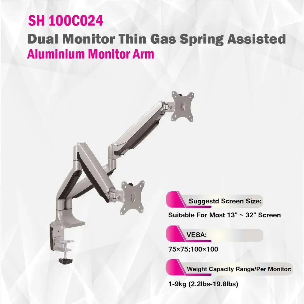 Skill Tech Thin Gas Spring Assisted Dual Monitor Arm (SH100-C024), product view 4