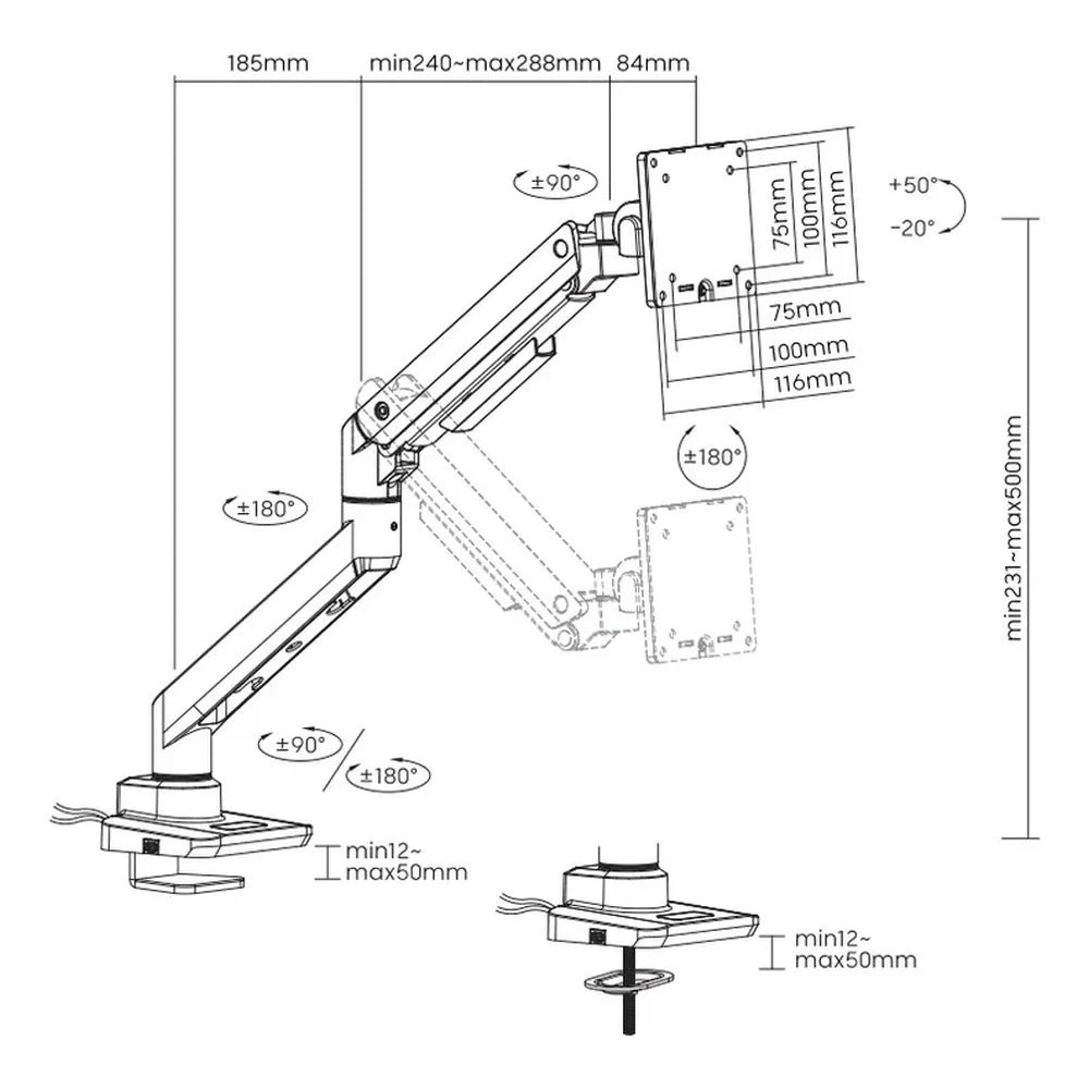 Skill Tech Single Monitor Desk Mount with USB & Type-C Ports (SH69-C012UC), product view 6